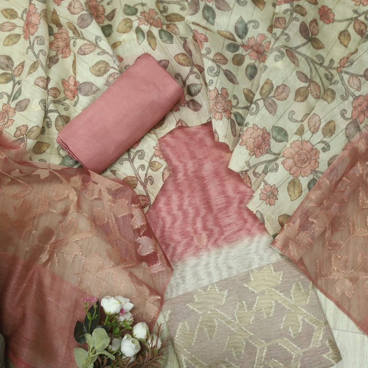 Sarang Ruby Blush Pink Zari with Authentic Jamdani Weaved Suit Set