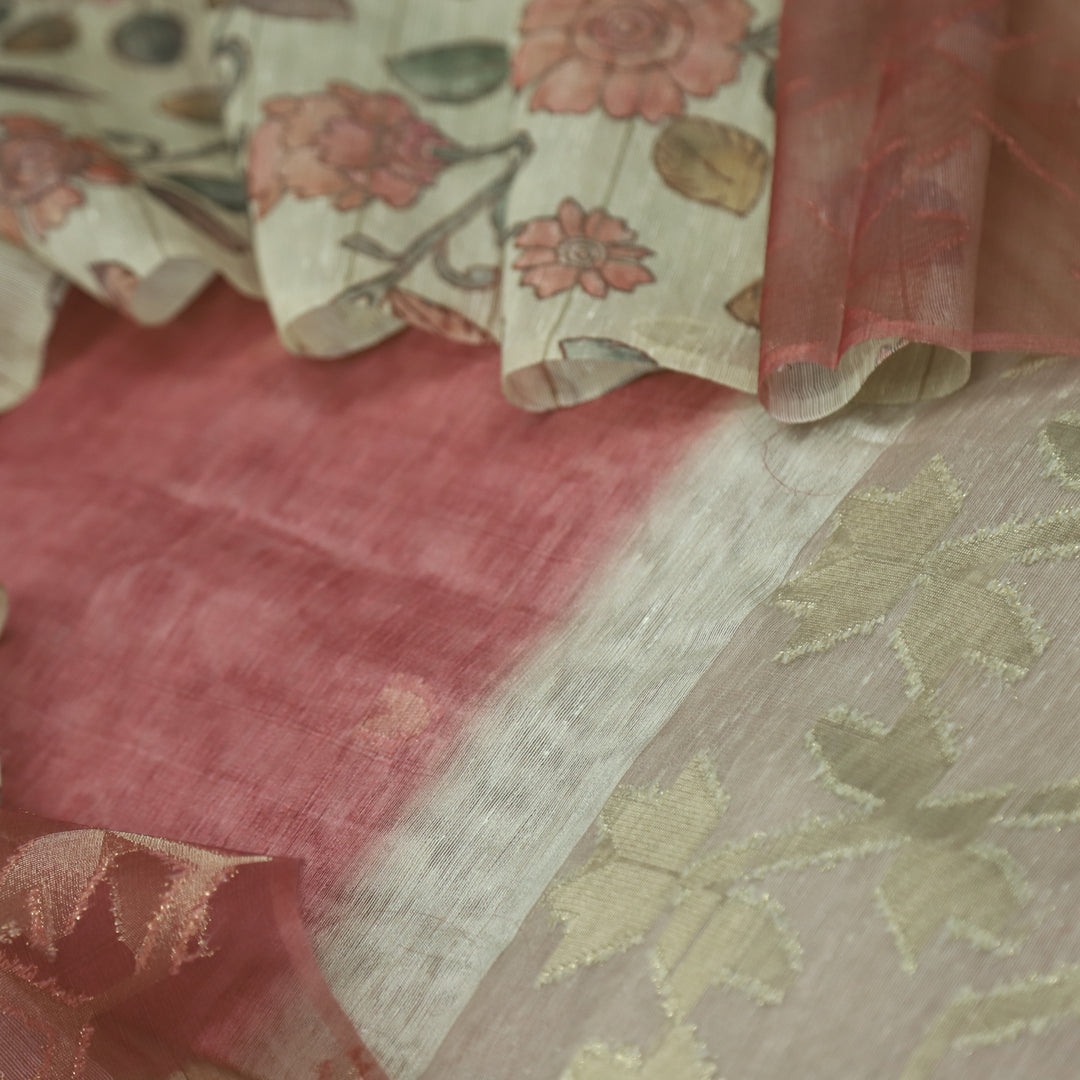 Sarang Ruby Blush Pink Zari with Authentic Jamdani Weaved Suit Set