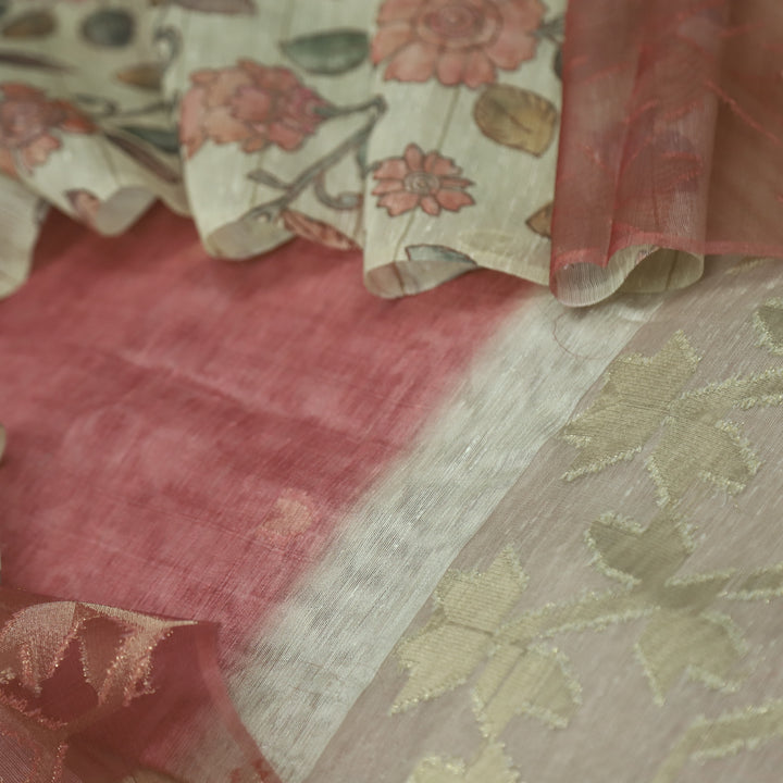 Sarang Ruby Blush Pink Zari with Authentic Jamdani Weaved Suit Set