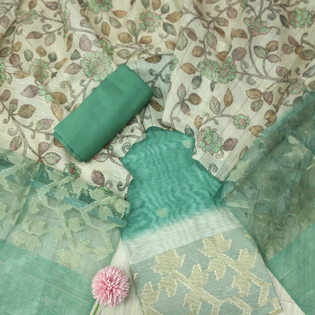 Sarang Ocean Green Zari with Authentic Jamdani Weaved Suit Set
