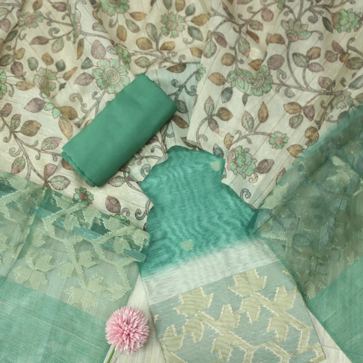 Sarang Ocean Green Zari with Authentic Jamdani Weaved Suit Set