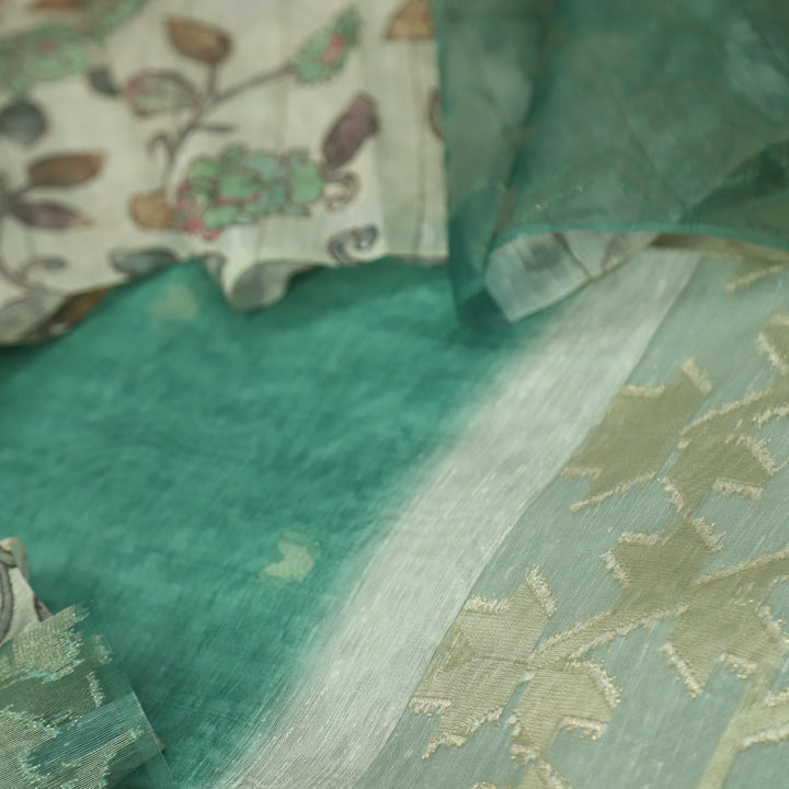 Sarang Ocean Green Zari with Authentic Jamdani Weaved Suit Set
