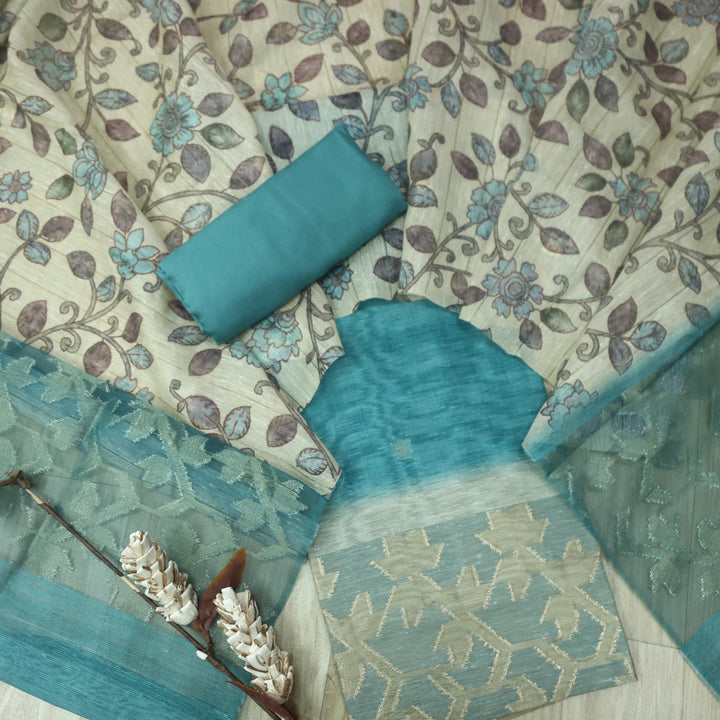 Sarang Cerulean Blue Zari with Authentic Jamdani Weaved Suit Set