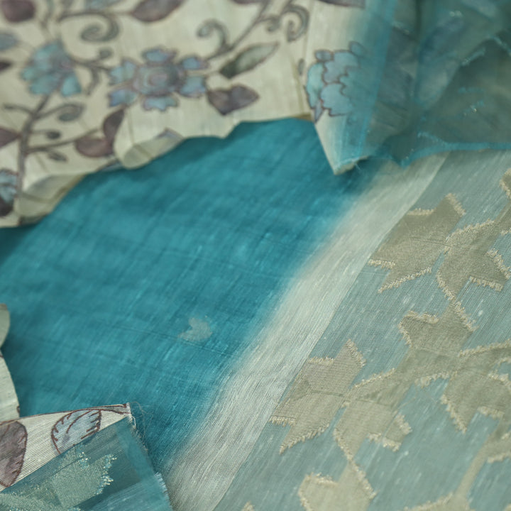 Sarang Cerulean Blue Zari with Authentic Jamdani Weaved Suit Set