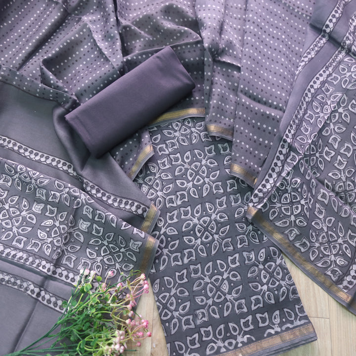 Irayaat Fossil Grey Ajrak Printed Premium Maheshwari Top With Dupatta Set-D3