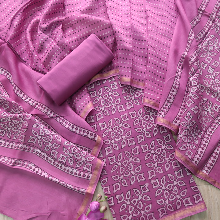 Irayaat Rose Pink Ajrak Printed Premium Maheshwari Top With Dupatta Set-D3