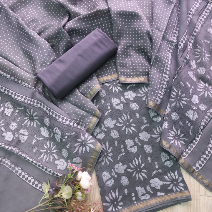 Irayaat Fossil Grey Ajrak Printed Premium Maheshwari Top With Dupatta Set-D2