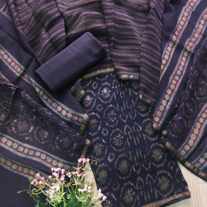 Irayaat Midnight Navy Blue Printed Premium Maheshwari Top With Dupatta Set