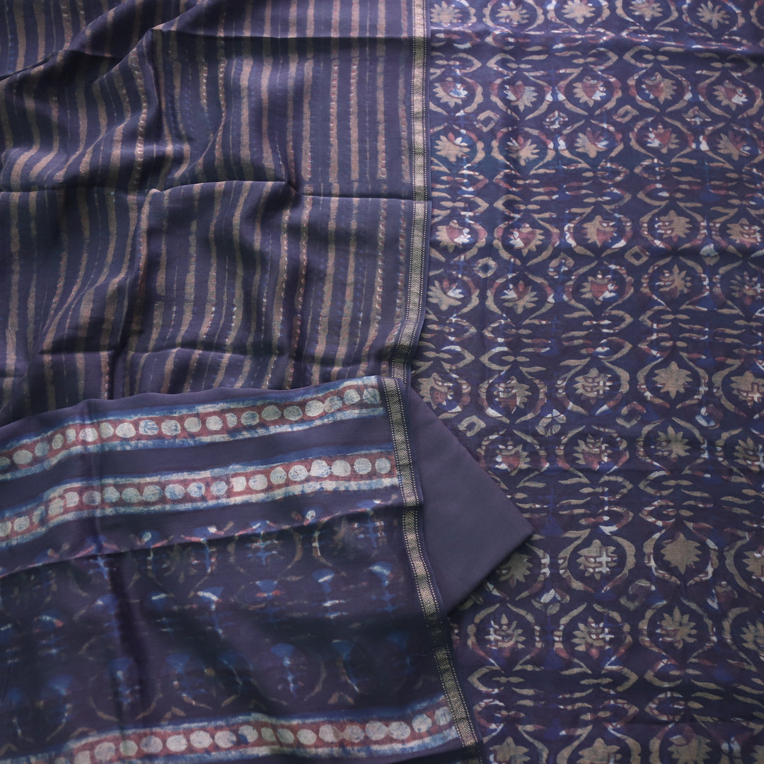 Irayaat Midnight Navy Blue Printed Premium Maheshwari Top With Dupatta Set