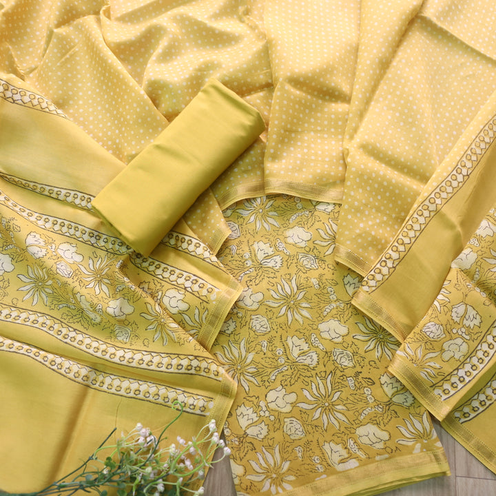 Irayaat Beetle Yellow Ajrak Printed Premium Maheshwari Top With Dupatta Set-D2