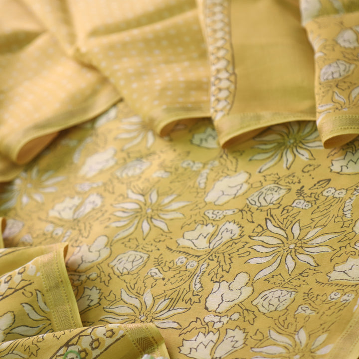 Irayaat Beetle Yellow Ajrak Printed Premium Maheshwari Top With Dupatta Set-D2