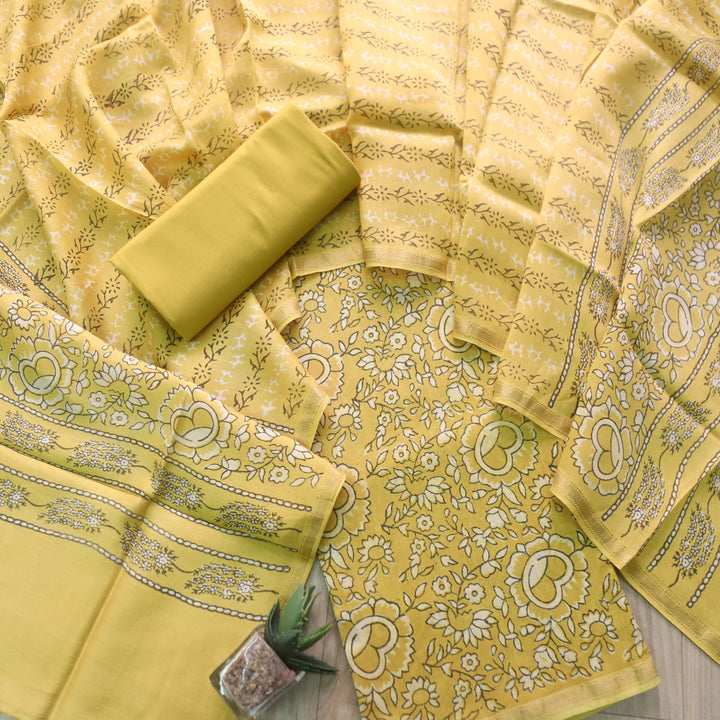 Irayaat Beetle Yellow Ajrak Printed Premium Maheshwari Top With Dupatta Set-D1