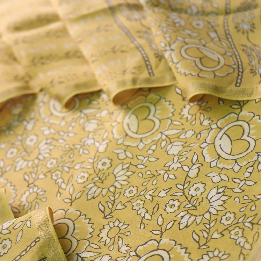 Irayaat Beetle Yellow Ajrak Printed Premium Maheshwari Top With Dupatta Set-D1