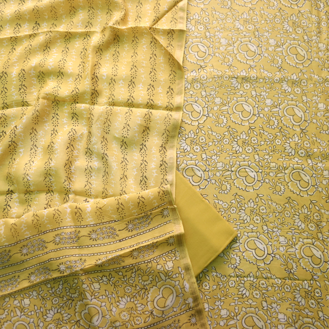 Irayaat Beetle Yellow Ajrak Printed Premium Maheshwari Top With Dupatta Set-D1