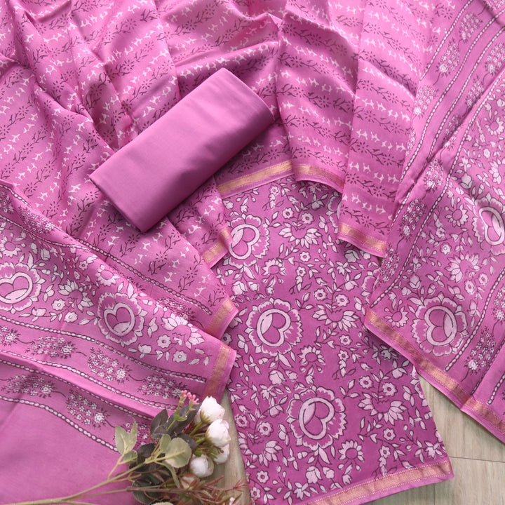 Irayaat Rose Pink Ajrak Printed Premium Maheshwari Top With Dupatta Set-D1