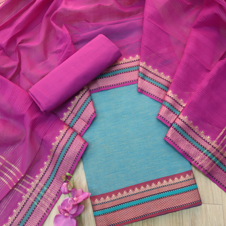 Sanskruti Aqua Teal Mangalgiri Hem in South Cotton Suit Set