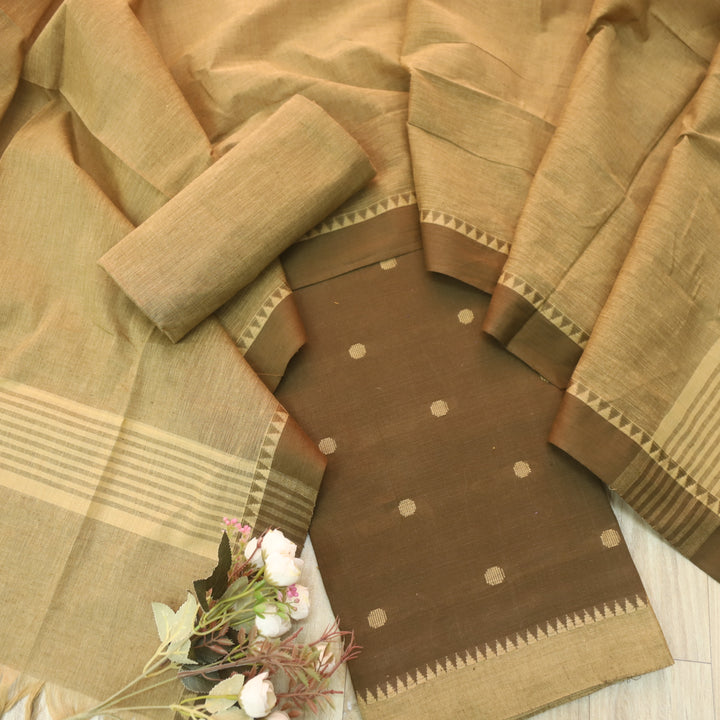 Sanskruti Mehendi Brown Weaved South Cotton Temple Hem Suit Set