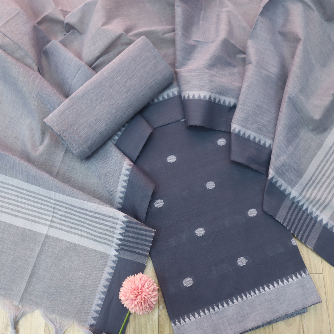 Sanskruti Fossil Grey Weaved South Cotton Temple Hem Suit Set