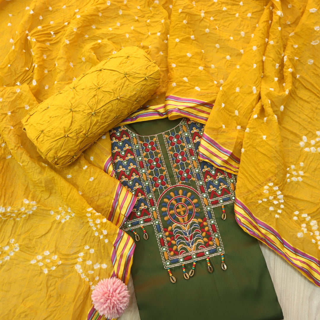 Heeriya Mehendi Green Thread Embroidered Neck Work Jam Cotton Suit Set