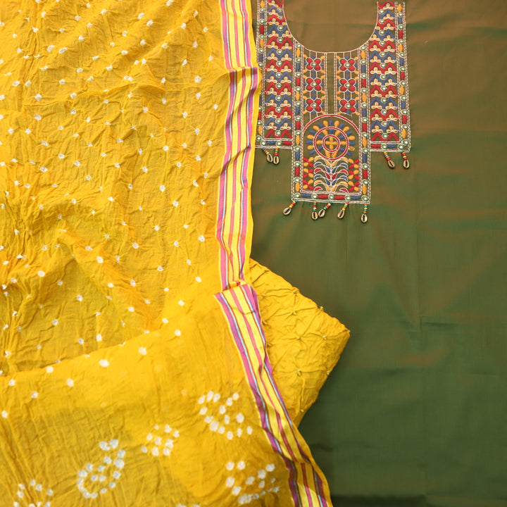 Heeriya Mehendi Green Thread Embroidered Neck Work Jam Cotton Suit Set
