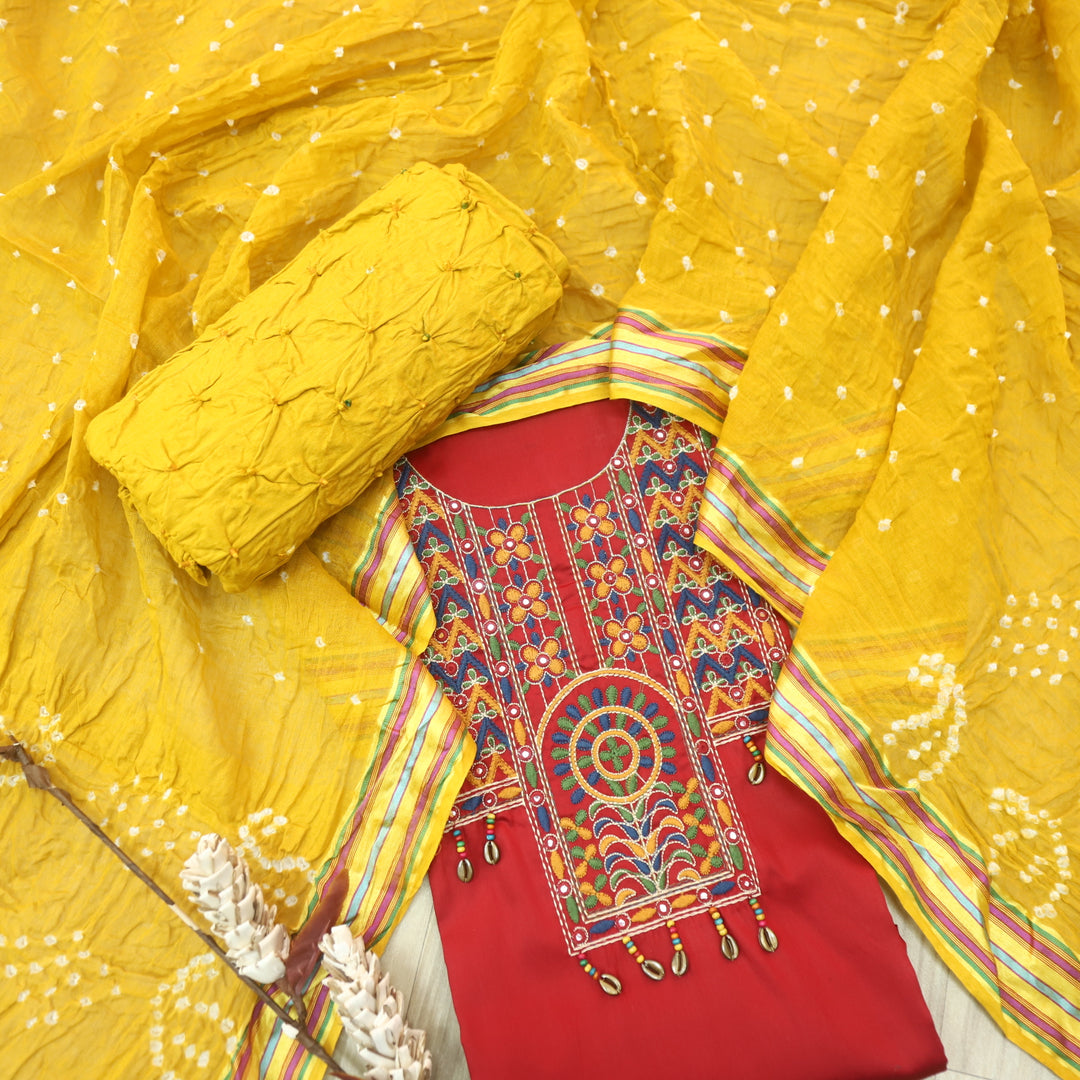 Heeriya Blood Red Thread Embroidered Neck Work Jam Cotton Suit Set