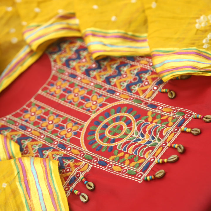 Heeriya Blood Red Thread Embroidered Neck Work Jam Cotton Suit Set