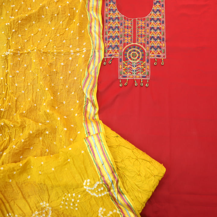 Heeriya Blood Red Thread Embroidered Neck Work Jam Cotton Suit Set