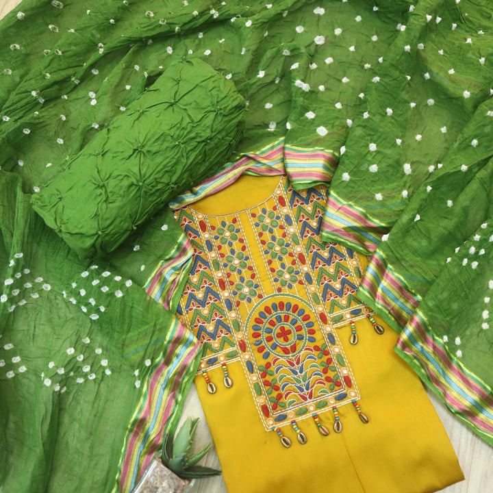 Heeriya Canary Yellow Thread Embroidered Neck Work Jam Cotton Suit Set