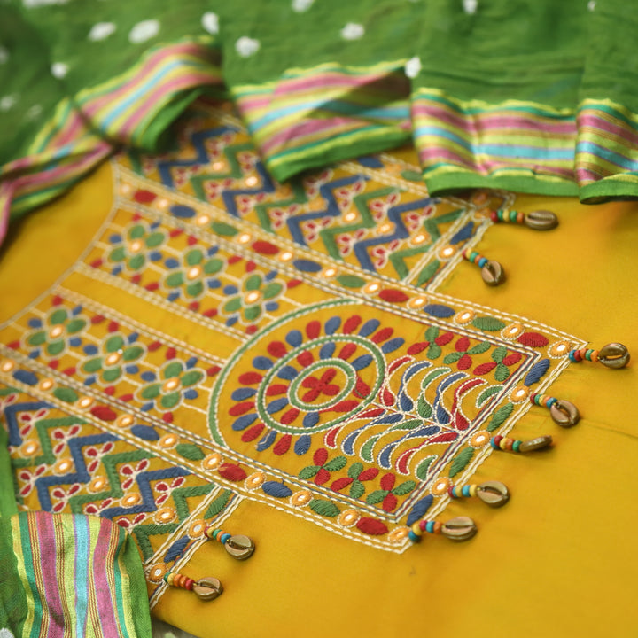 Heeriya Canary Yellow Thread Embroidered Neck Work Jam Cotton Suit Set