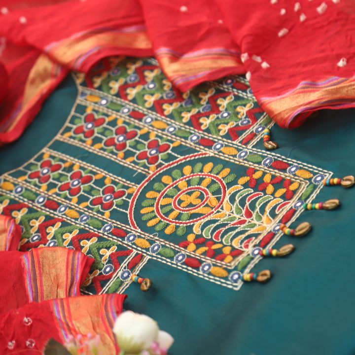 Heeriya Deep Ocean Blue Thread Embroidered Neck Work Jam Cotton Suit Set