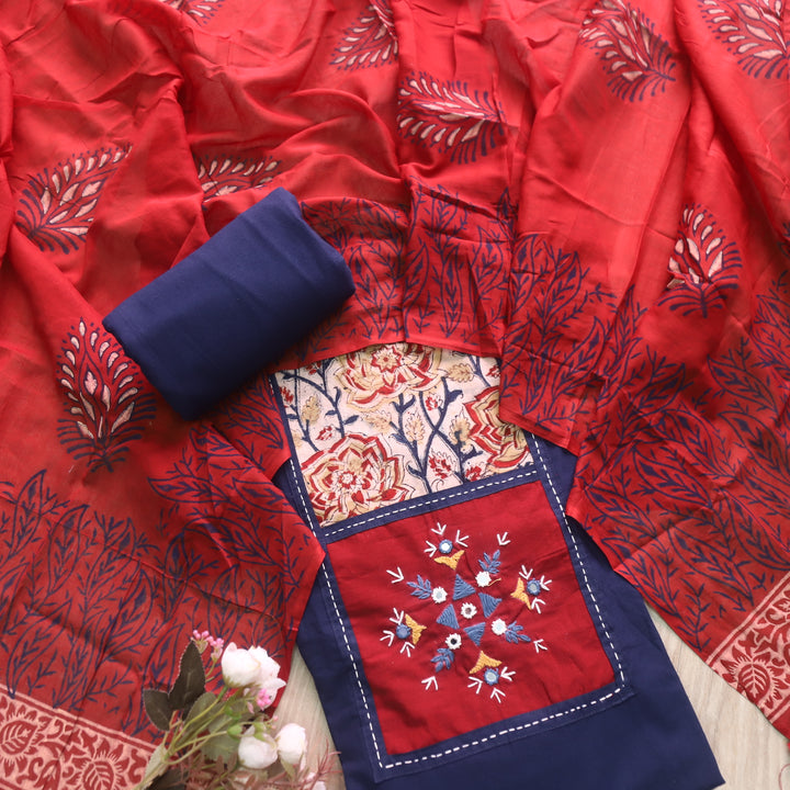 Kakaswi Dark Navy Blue Mirror with Ajrak Print Patch Work Cotton Suit Set