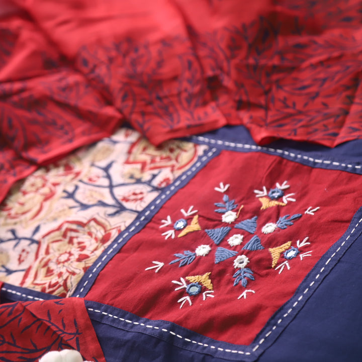 Kakaswi Dark Navy Blue Mirror with Ajrak Print Patch Work Cotton Suit Set