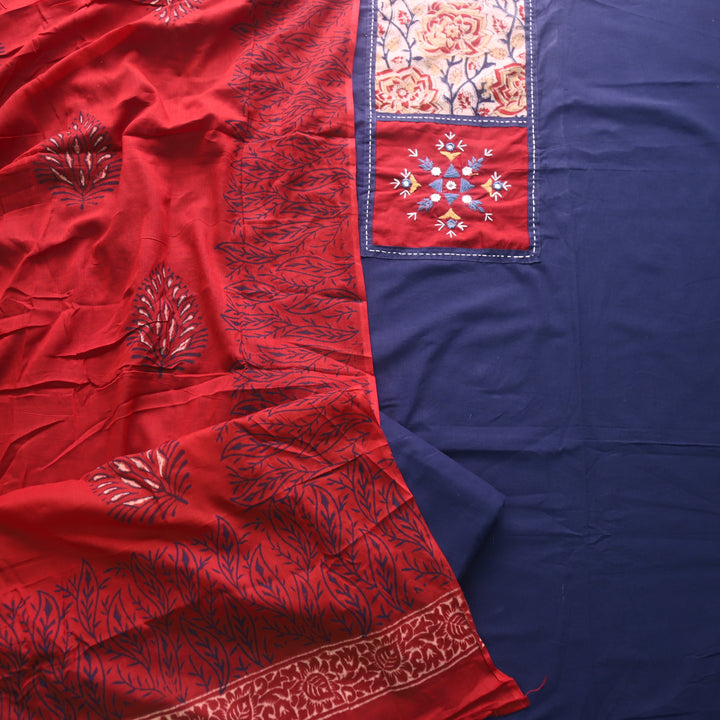 Kakaswi Dark Navy Blue Mirror with Ajrak Print Patch Work Cotton Suit Set