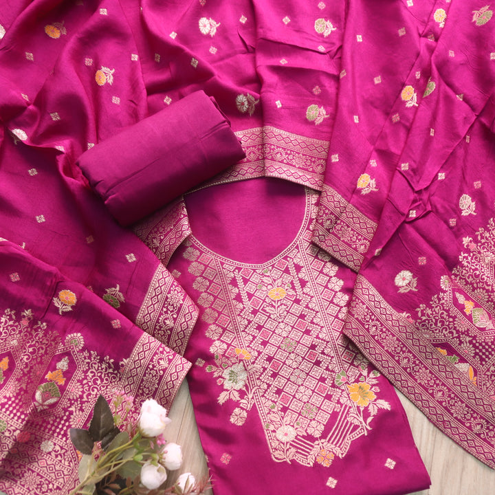 Aasha Eggplant Purple Zari Weaved Neck Work Dola Silk Suit Set