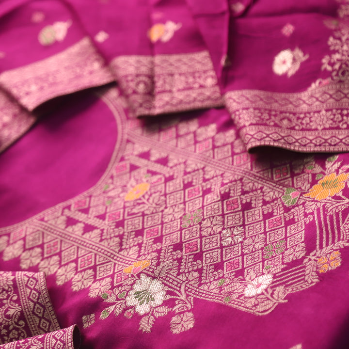 Aasha Eggplant Purple Zari Weaved Neck Work Dola Silk Suit Set