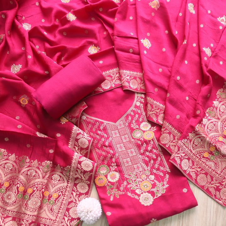 Aasha Bright Pink Zari Weaved Neck Work Dola Silk Suit Set