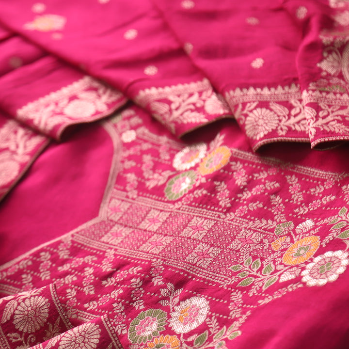 Aasha Bright Pink Zari Weaved Neck Work Dola Silk Suit Set