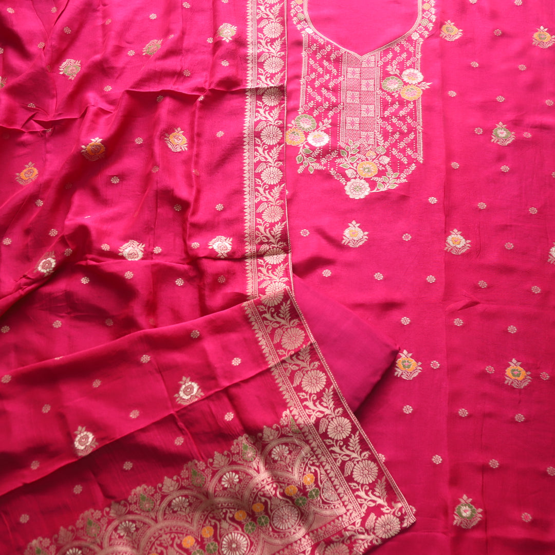 Aasha Bright Pink Zari Weaved Neck Work Dola Silk Suit Set