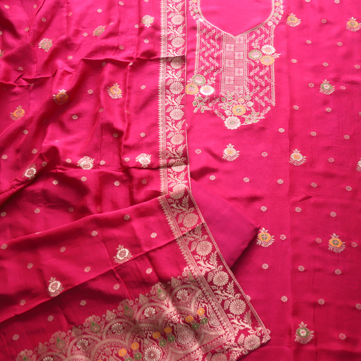 Aasha Bright Pink Zari Weaved Neck Work Dola Silk Suit Set