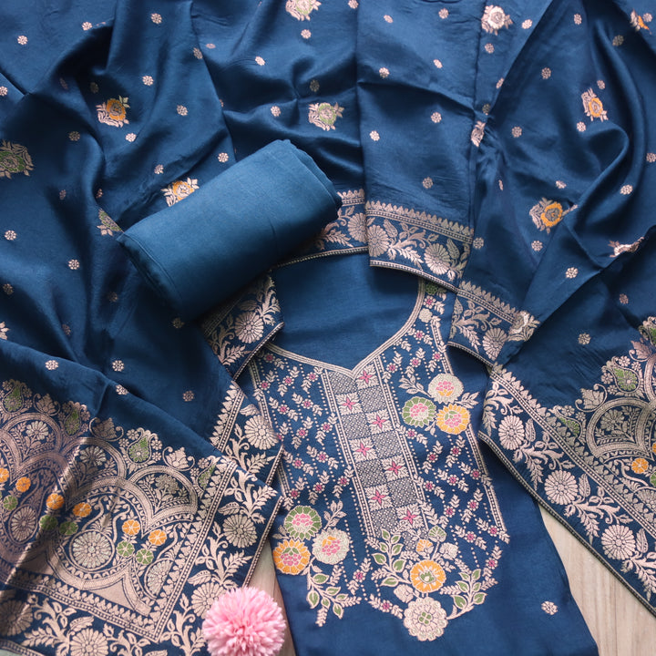 Aasha Royal Blue Zari Weaved Neck Work Dola Silk Suit Set
