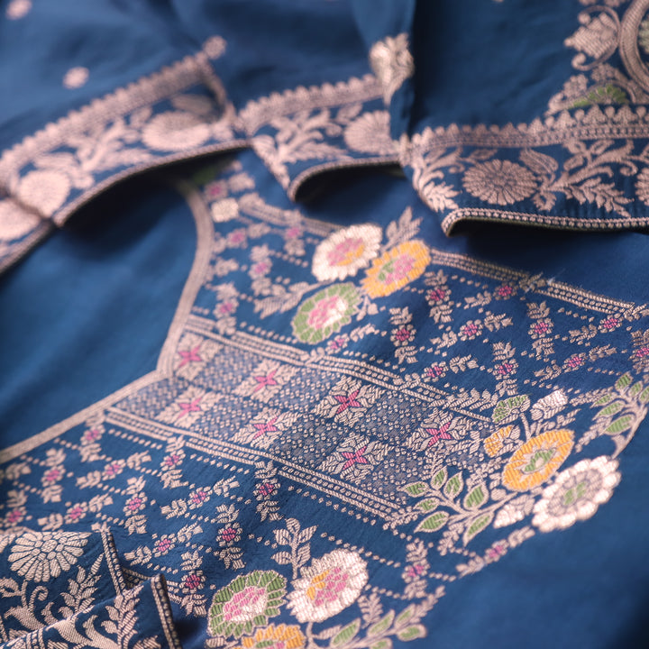 Aasha Royal Blue Zari Weaved Neck Work Dola Silk Suit Set