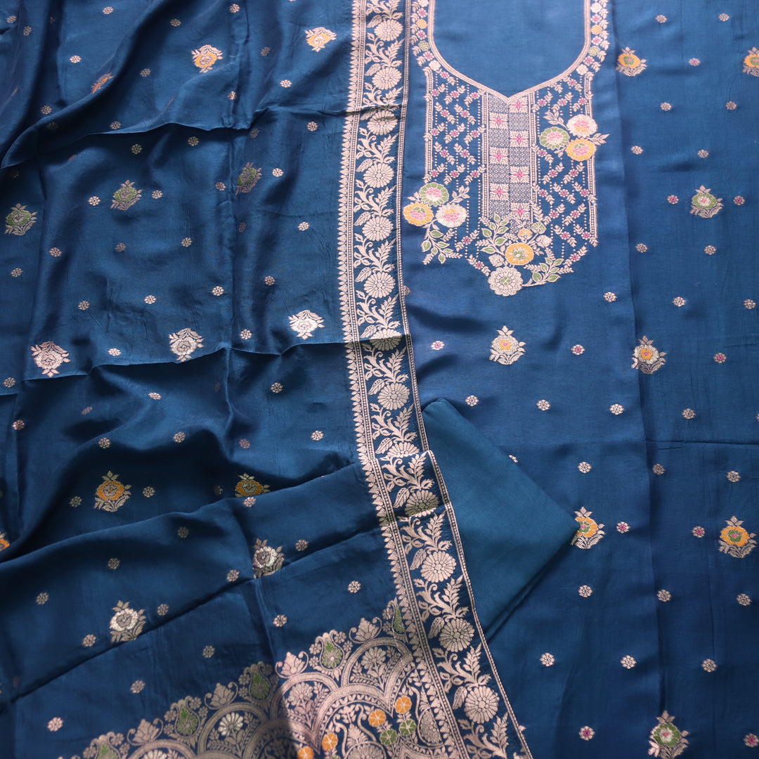 Aasha Royal Blue Zari Weaved Neck Work Dola Silk Suit Set
