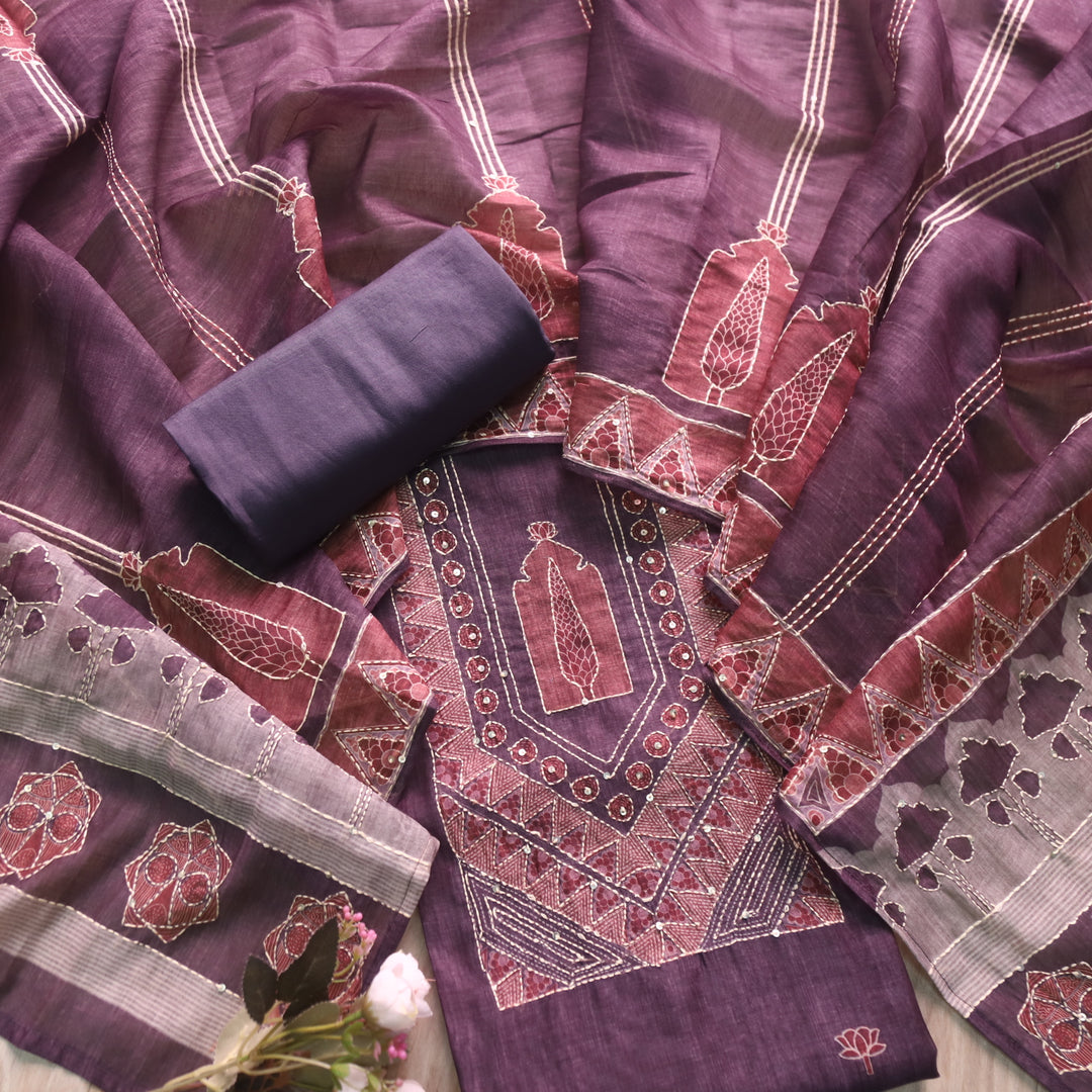 Ibadat Mulberry Dark Blue Kantha Neck Work Chanderi Suit Set