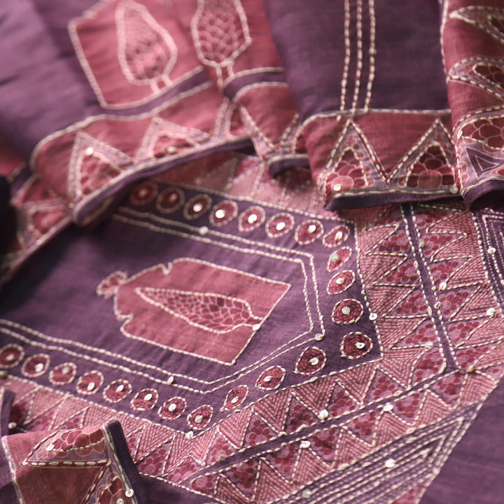 Ibadat Mulberry Dark Blue Kantha Neck Work Chanderi Suit Set