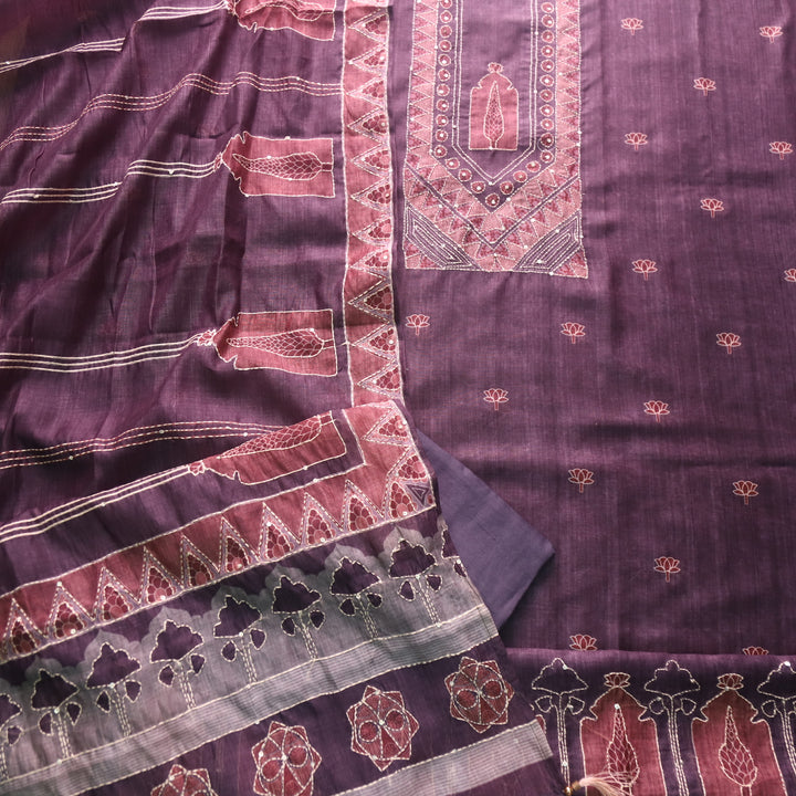 Ibadat Mulberry Dark Blue Kantha Neck Work Chanderi Suit Set