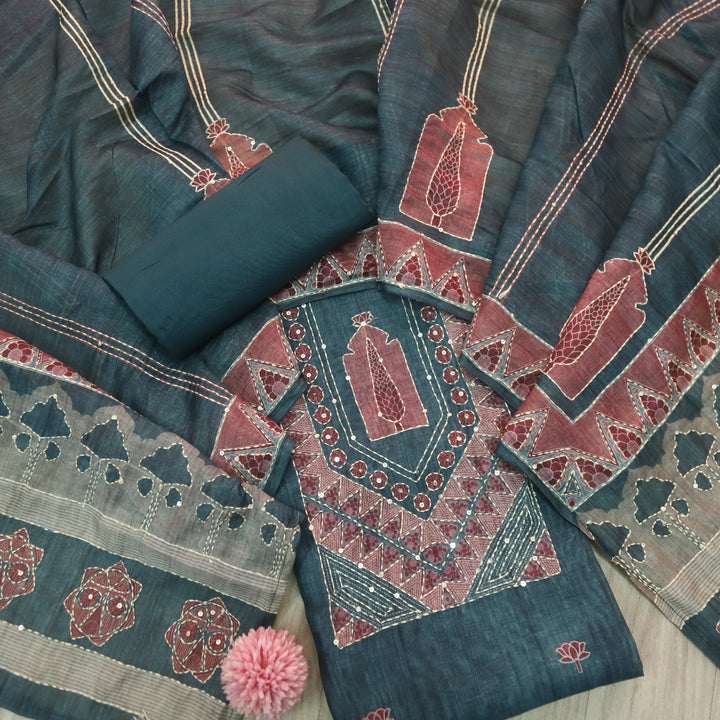 Ibadat Dark Cyan Teal Kantha Neck Work Chanderi Suit Set