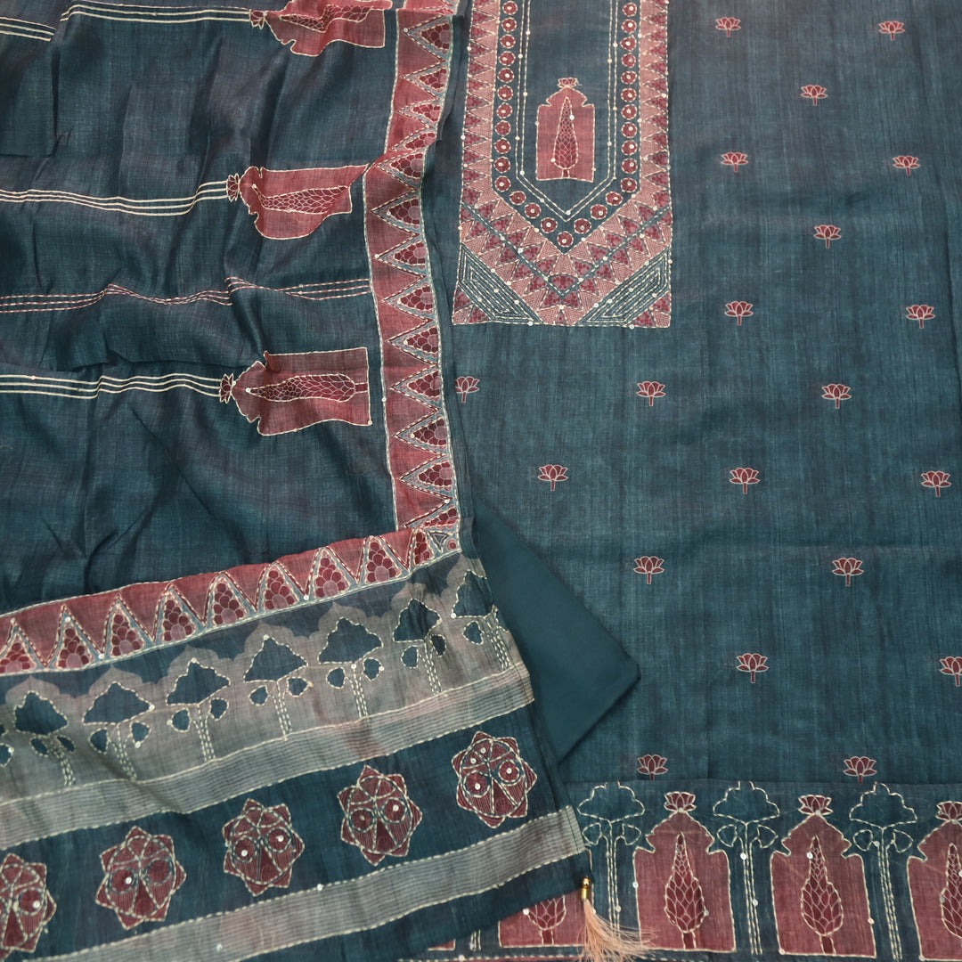 Ibadat Dark Cyan Teal Kantha Neck Work Chanderi Suit Set