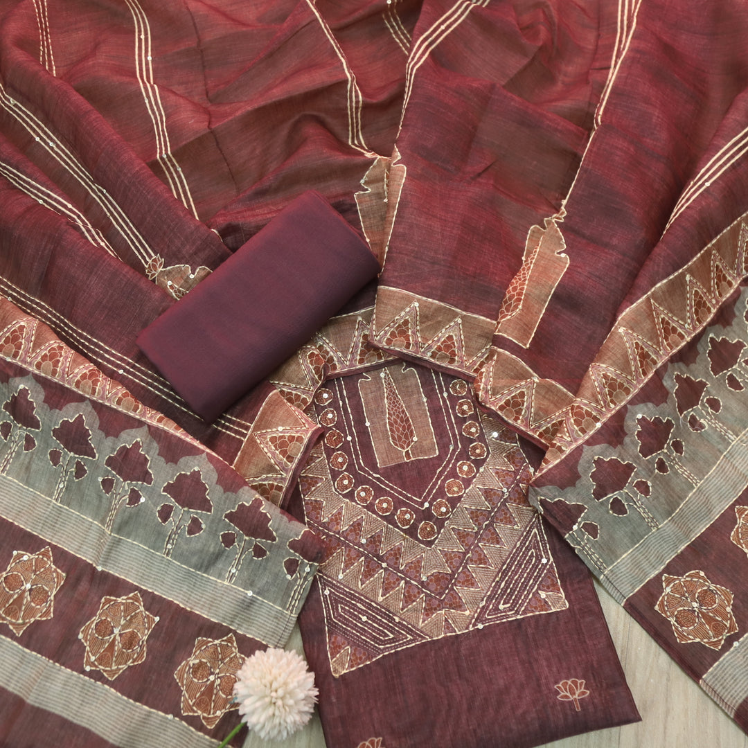 Ibadat Barn Brown Kantha Neck Work Chanderi Suit Set