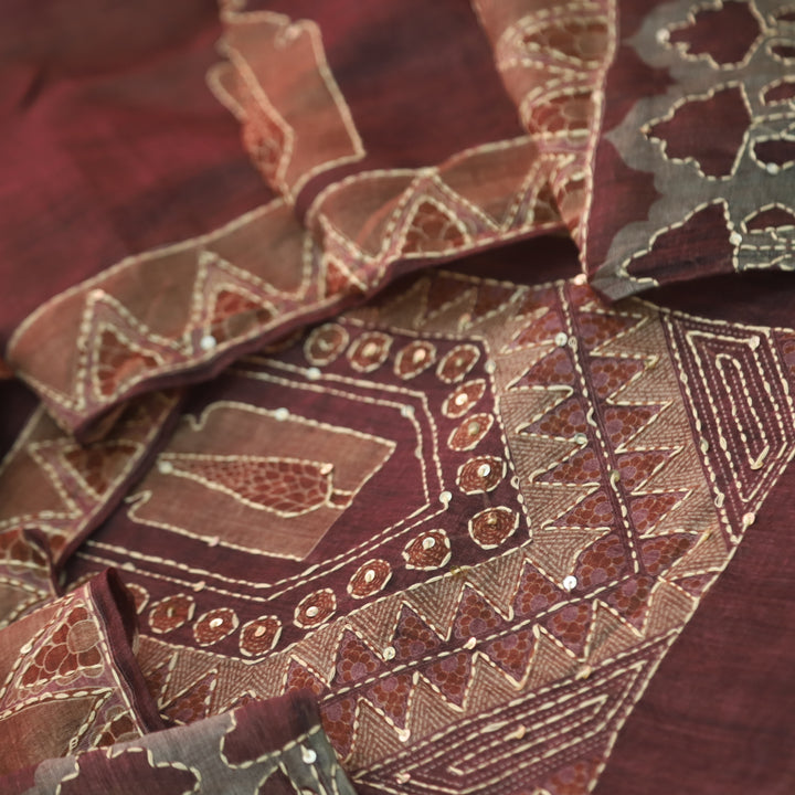 Ibadat Barn Brown Kantha Neck Work Chanderi Suit Set