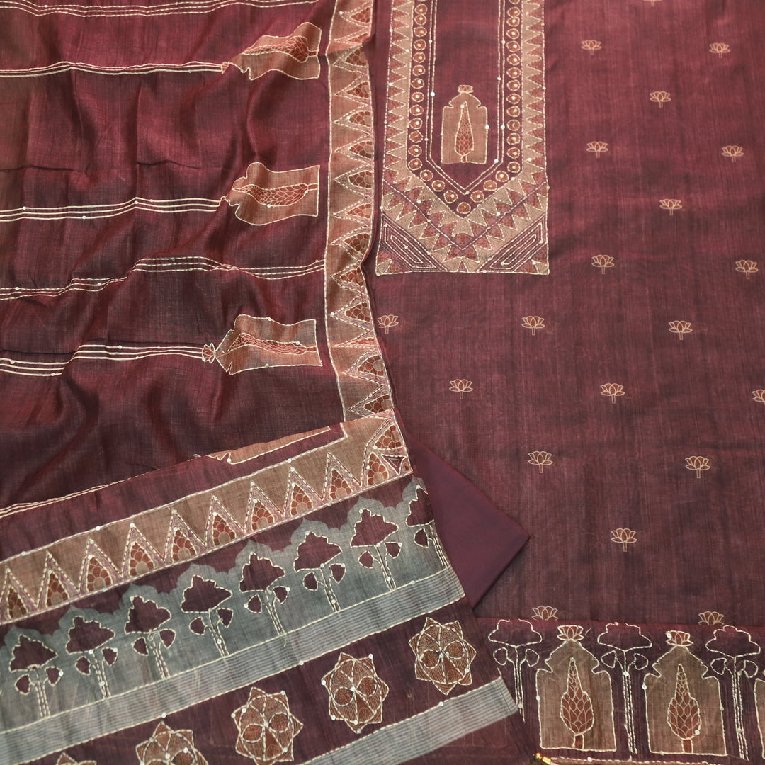 Ibadat Barn Brown Kantha Neck Work Chanderi Suit Set